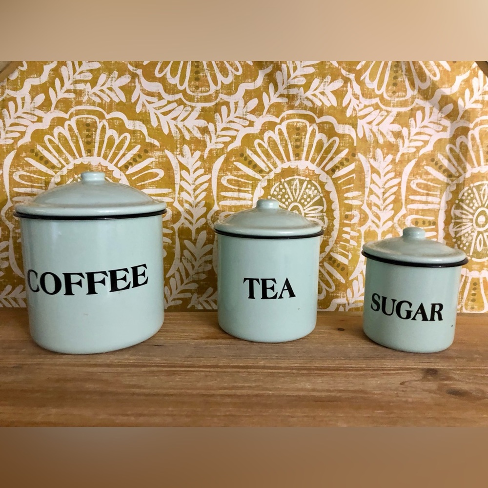 Vintage Style Farmhouse Mint Green Enamel COFFEE TEA SUGAR Canister tin